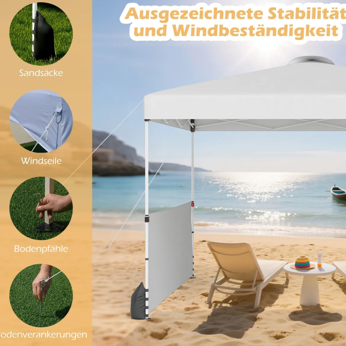Pavillon 3 x 3m Faltpavillon mit 2 Seitenwänden & Tasche inkl. 4 Windseile & 4 Sandsäcke Weiß