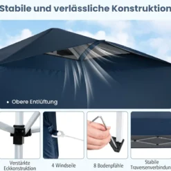 Pavillon 3x3m Faltpavillon wasserdicht stabil UV-Schutz 50+ Partyzelt Faltzelt Marine