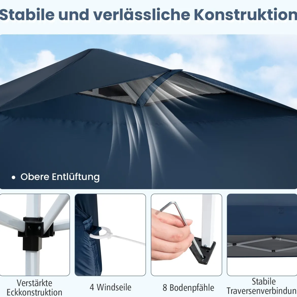Pavillon 3x3m Faltpavillon wasserdicht stabil UV-Schutz 50+ Partyzelt Faltzelt Marine
