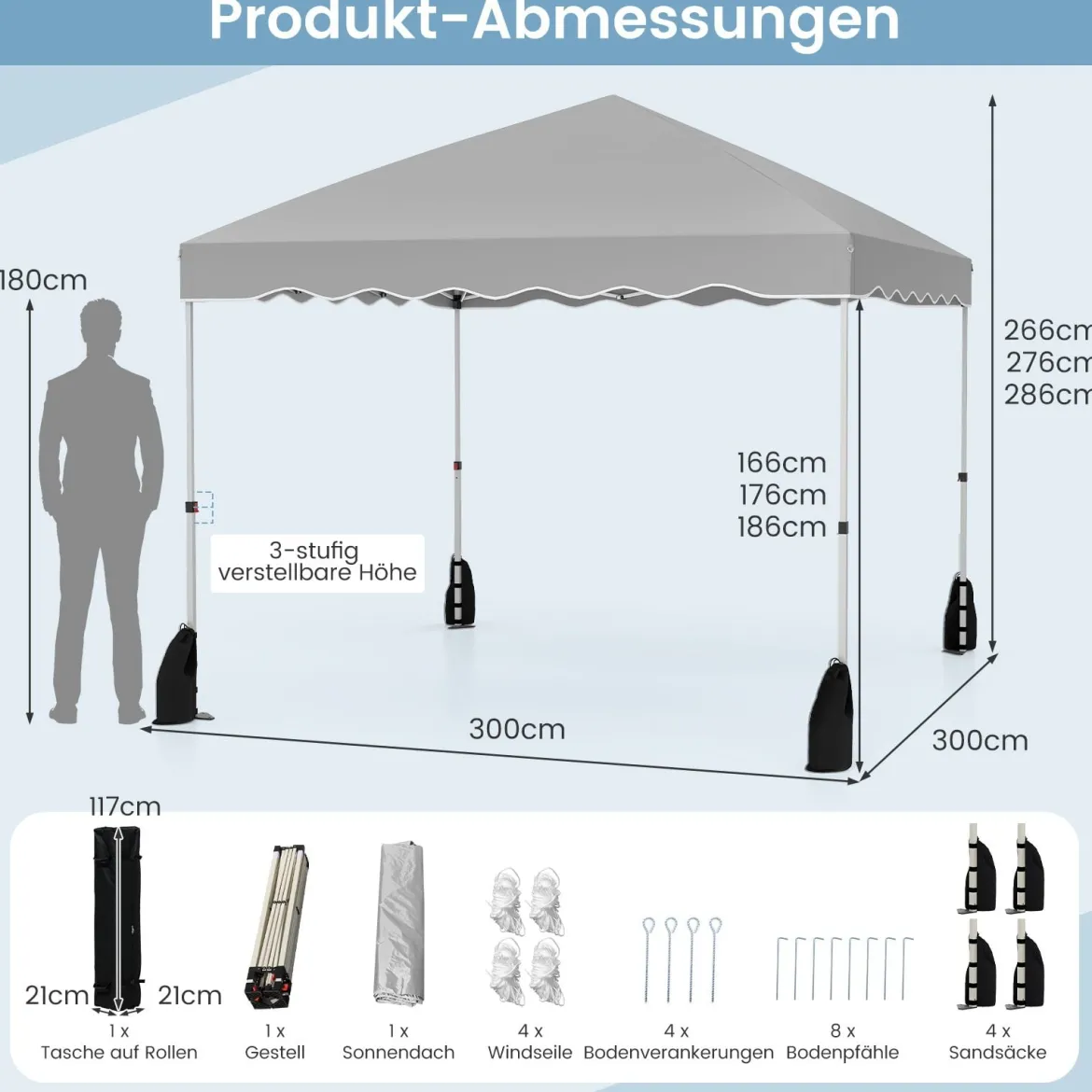 Pavillon 3 x 3 m Faltpavillon Wasserdicht mit Rolltasche inkl. 4 Windseile & 4 Sandsäcke & 8 Heringe Grau