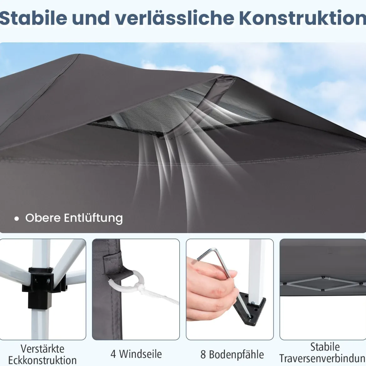 Pavillon 3x3m Faltpavillon wasserdicht stabil UV-Schutz 50+ Partyzelt Faltzelt Grau