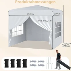 Pavillon 3 x 3 m Pop up Faltpavillon mit 4 Abnehmbaren Seitenwänden Schwarz/Grau/Weiß