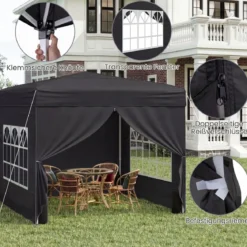 Pavillon 3 x 3 m Pop up Faltpavillon mit 4 Abnehmbaren Seitenwänden Schwarz/Grau/Weiß