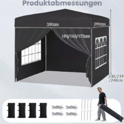 Pavillon 3 x 3 m Pop up Faltpavillon mit 4 Abnehmbaren Seitenwänden Schwarz/Grau/Weiß