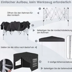 Pavillon 3 x 3 m Pop up Faltpavillon mit 4 Abnehmbaren Seitenwänden Schwarz/Grau/Weiß