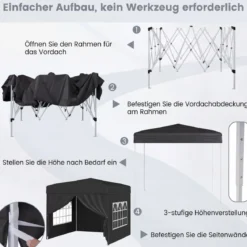 Pavillon 3 x 3 m Pop up Faltpavillon mit 4 Abnehmbaren Seitenwänden Schwarz/Grau/Weiß