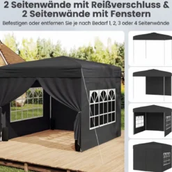 Pavillon 3 x 3 m Pop up Faltpavillon mit 4 Abnehmbaren Seitenwänden Schwarz/Grau/Weiß