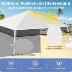 Pavillon 2 x 2 m Pop up Faltpavillon Höhenverstellbar mit Seitenwand & Bodenhaken Wasserdicht Gartenpavillon für Garten Party Weiß