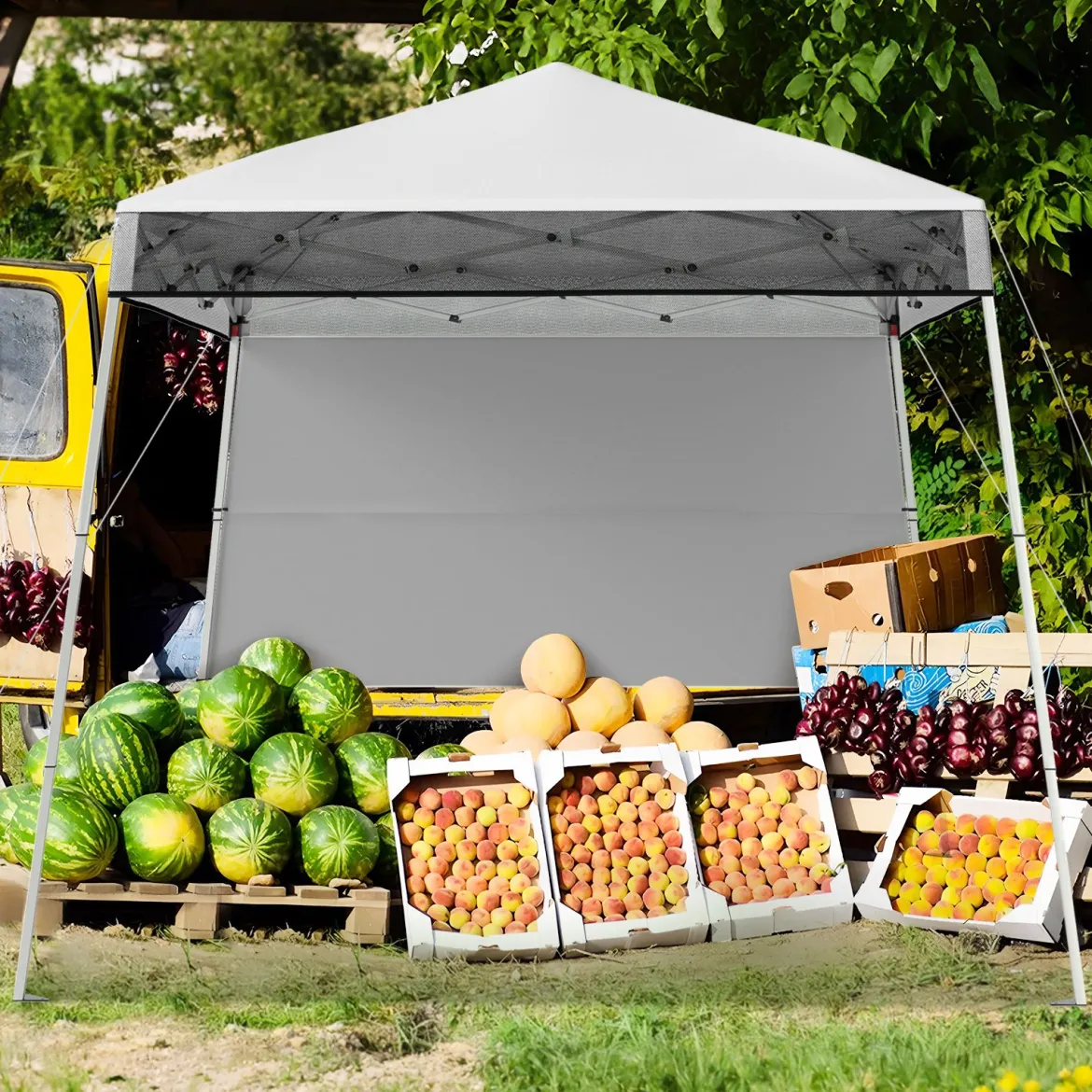 Pavillon 2 x 2 m Pop up Faltpavillon Höhenverstellbar mit Seitenwand & Bodenhaken Wasserdicht Gartenpavillon für Garten Party Weiß