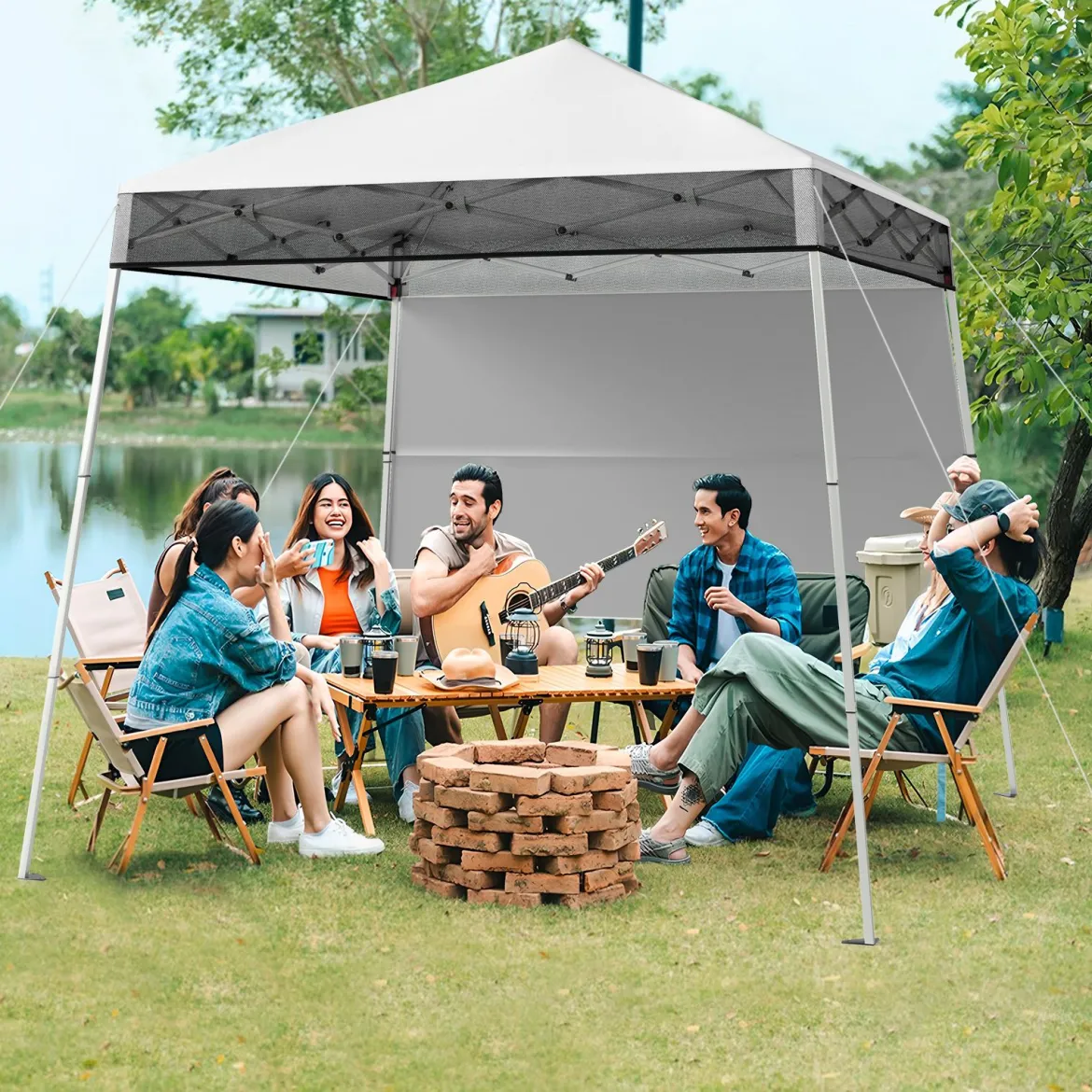 Pavillon 2 x 2 m Pop up Faltpavillon Höhenverstellbar mit Seitenwand & Bodenhaken Wasserdicht Gartenpavillon für Garten Party Weiß