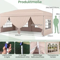 Pavillon 3x6m Pop-up Faltpavillon mit Metallrahmen 6 Seitenwänden & 6 Sandsäcke Gartenpavillon Grau/Weiß