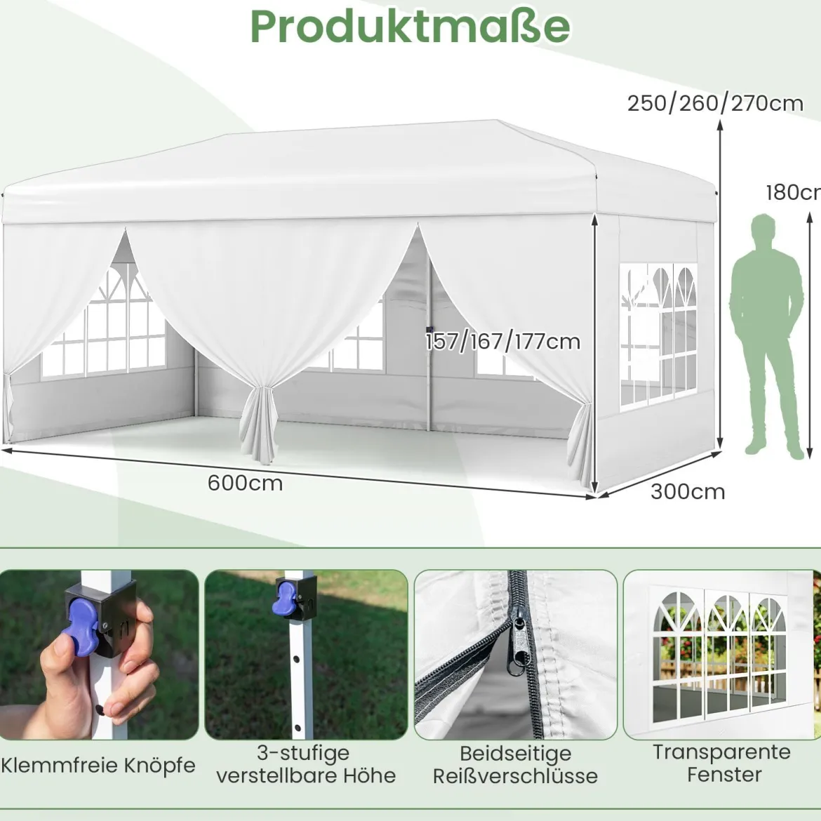 Pavillon 3x6m Pop-up Faltpavillon mit Metallrahmen 6 Seitenwänden & 6 Sandsäcke Gartenpavillon Grau/Weiß