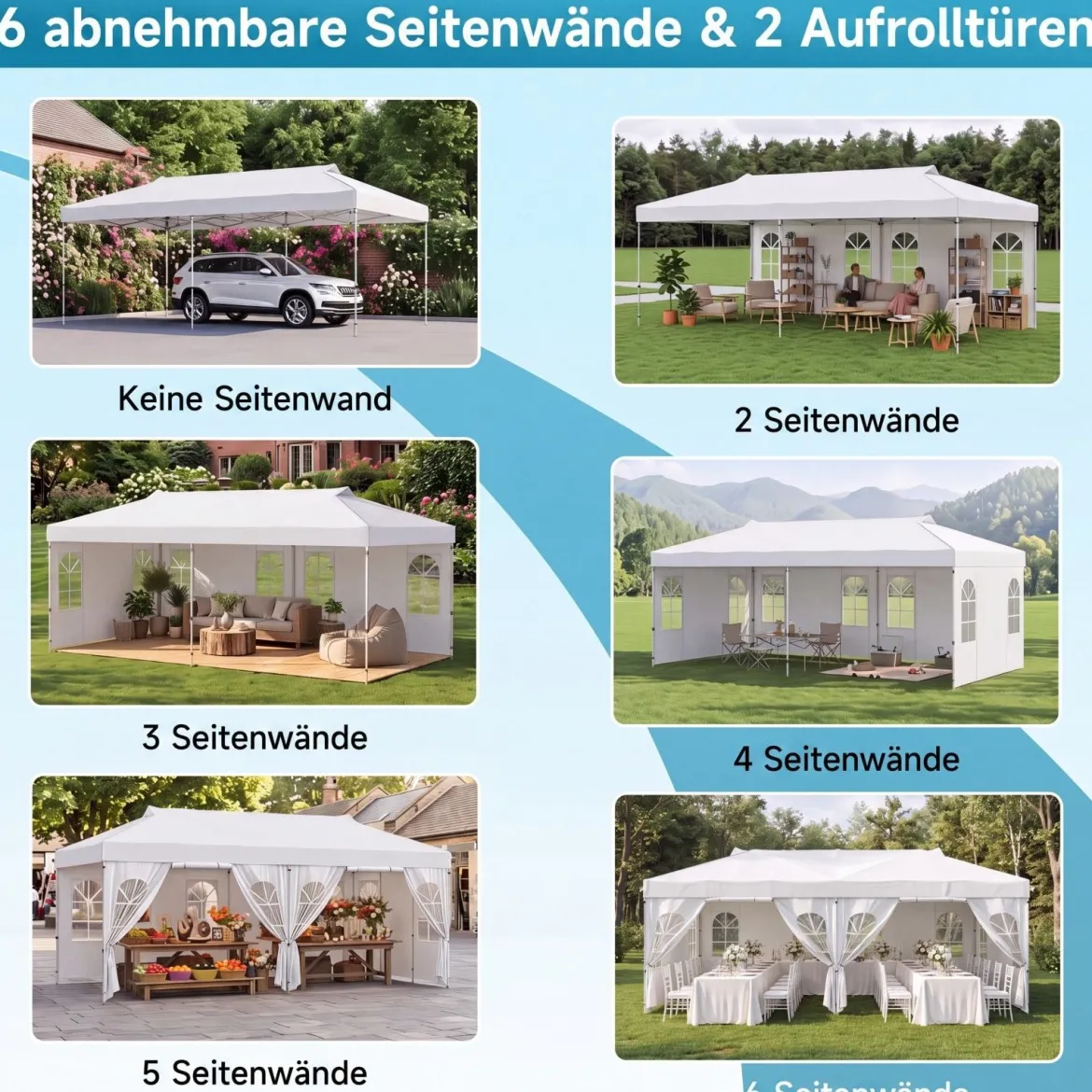 Pavillon 3 x 6 m Pop up Partyzelt Höhenverstellbar mit 6 Seitenwänden & Fenstern Blau/Schwarz/Grau/Weiß
