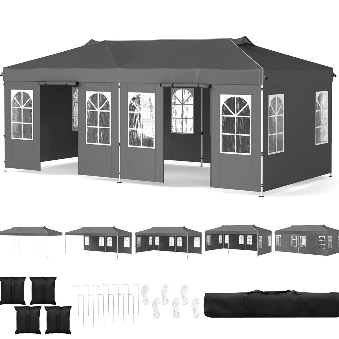 Pavillon 3 x 6 m Pop up Partyzelt Höhenverstellbar mit 6 Seitenwänden & Fenstern Blau/Schwarz/Grau/Weiß
