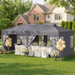 Pavillon 3 x 6 m Pop up Partyzelt Höhenverstellbar mit 6 Seitenwänden & Fenstern Blau/Schwarz/Grau/Weiß