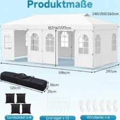 Pavillon 3 x 6 m Pop up Partyzelt Höhenverstellbar mit 6 Seitenwänden & Fenstern Blau/Schwarz/Grau/Weiß