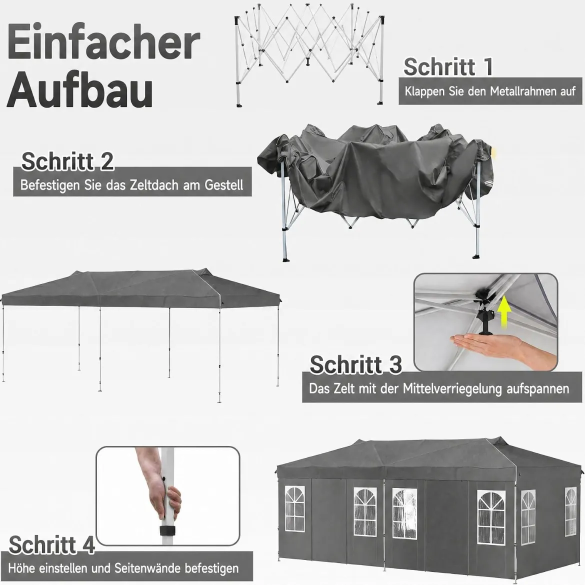 Pavillon 3 x 6 m Pop up Partyzelt Höhenverstellbar mit 6 Seitenwänden & Fenstern Blau/Schwarz/Grau/Weiß