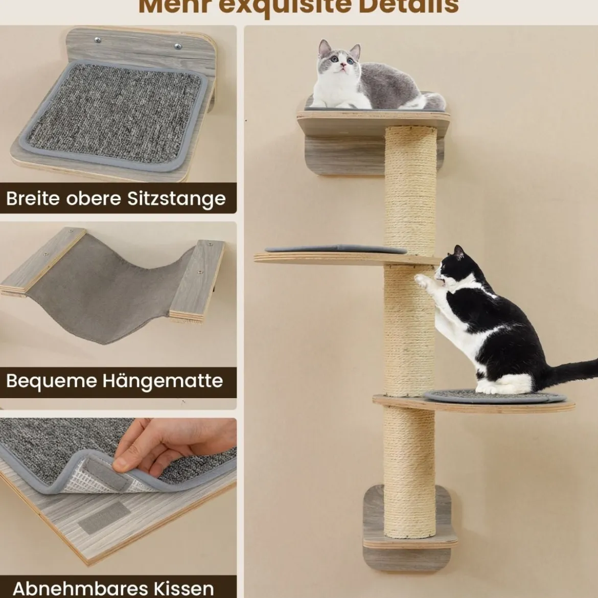 5 PCS Katzen Kletterwand Kratzbaum mit Plattformen & Kratzbrett 2 Sitzstange mit Kissen