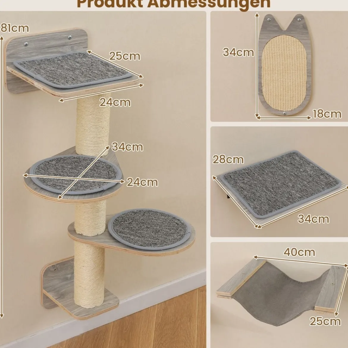 5 PCS Katzen Kletterwand Kratzbaum mit Plattformen & Kratzbrett 2 Sitzstange mit Kissen