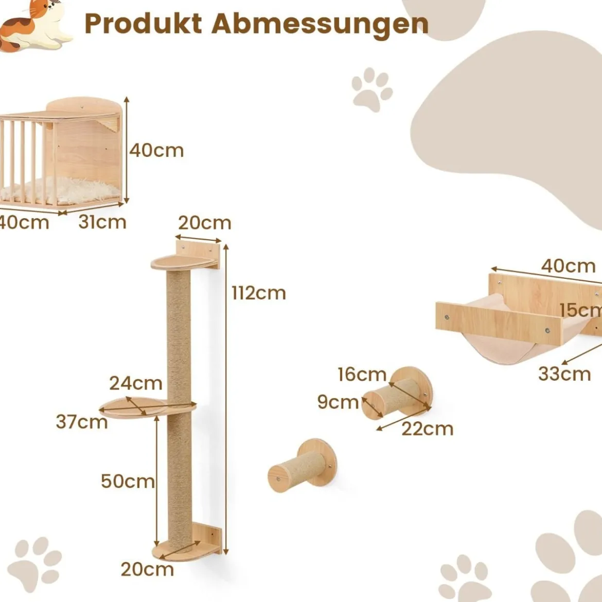 5 PCS Katzen Kletterwand Kratzbaum mit Plattformen & Sisalpfosten Katzenhaus mit Katzenbett