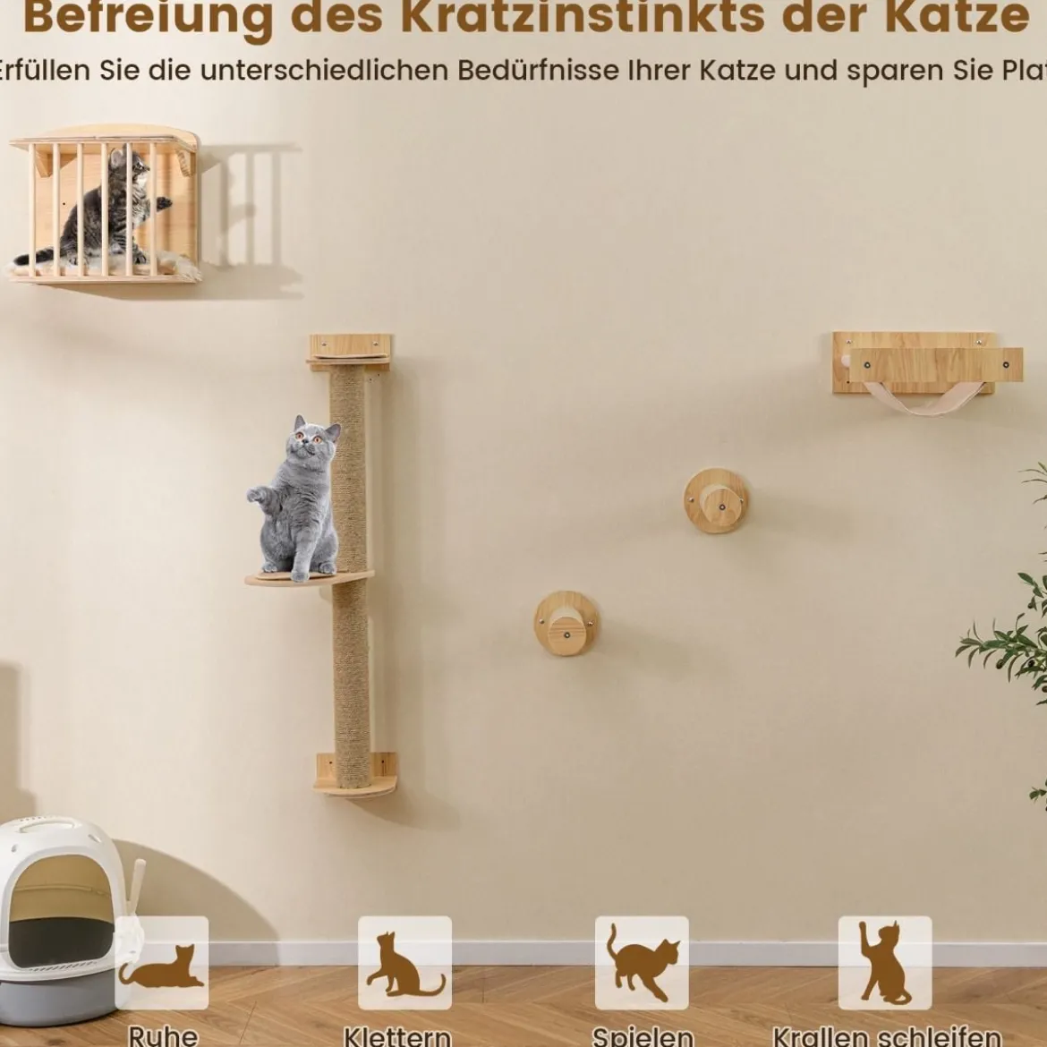 5 PCS Katzen Kletterwand Kratzbaum mit Plattformen & Sisalpfosten Katzenhaus mit Katzenbett