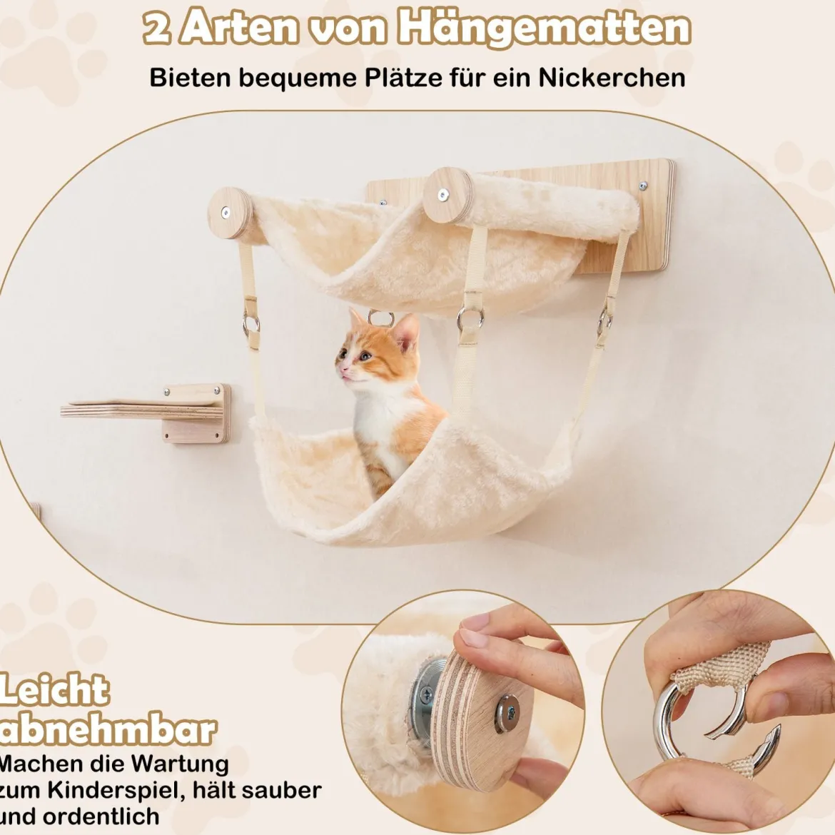 5 PCS Kletterwand Katzen Kratzbaum mit Plattformen Jute-Kratzstangen Katzenbett 2 Hängematten Katzenmöbel Natur
