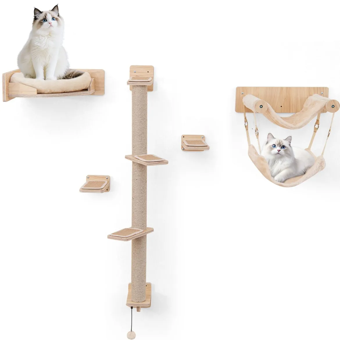 5 PCS Kletterwand Katzen Kratzbaum mit Plattformen Jute-Kratzstangen Katzenbett 2 Hängematten Katzenmöbel Natur