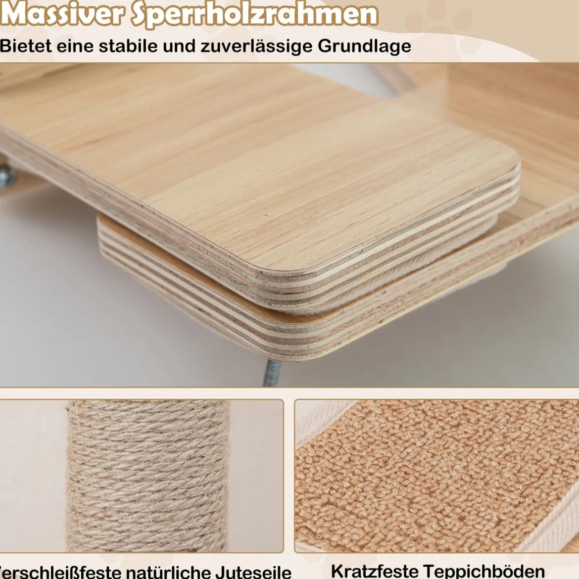 5 PCS Kletterwand Katzen Kratzbaum mit Plattformen Jute-Kratzstangen Katzenbett 2 Hängematten Katzenmöbel Natur