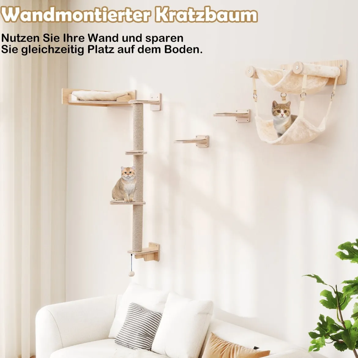 5 PCS Kletterwand Katzen Kratzbaum mit Plattformen Jute-Kratzstangen Katzenbett 2 Hängematten Katzenmöbel Natur