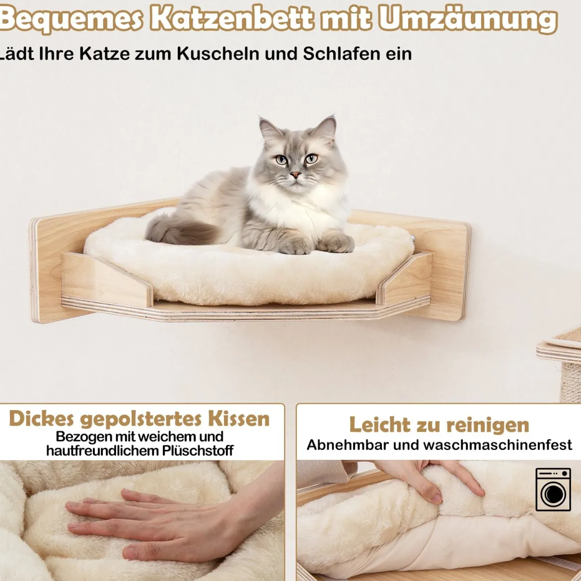 5 PCS Kletterwand Katzen Kratzbaum mit Plattformen Jute-Kratzstangen Katzenbett 2 Hängematten Katzenmöbel Natur