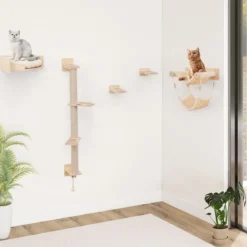5 PCS Kletterwand Katzen Kratzbaum mit Plattformen Jute-Kratzstangen Katzenbett 2 Hängematten Katzenmöbel Natur