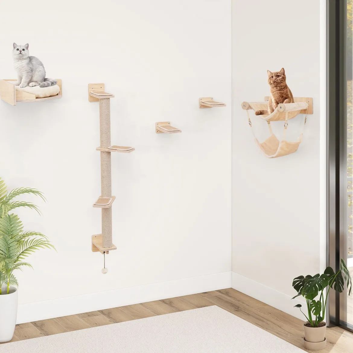 5 PCS Kletterwand Katzen Kratzbaum mit Plattformen Jute-Kratzstangen Katzenbett 2 Hängematten Katzenmöbel Natur