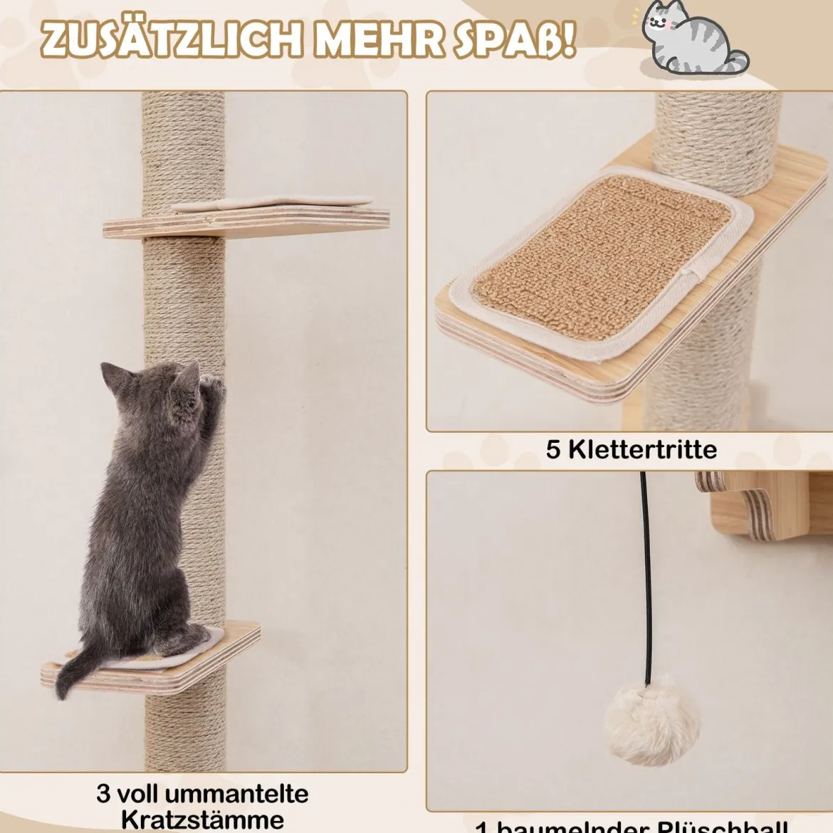 5 PCS Kletterwand Katzen Kratzbaum mit Plattformen Jute-Kratzstangen Katzenbett 2 Hängematten Katzenmöbel Natur