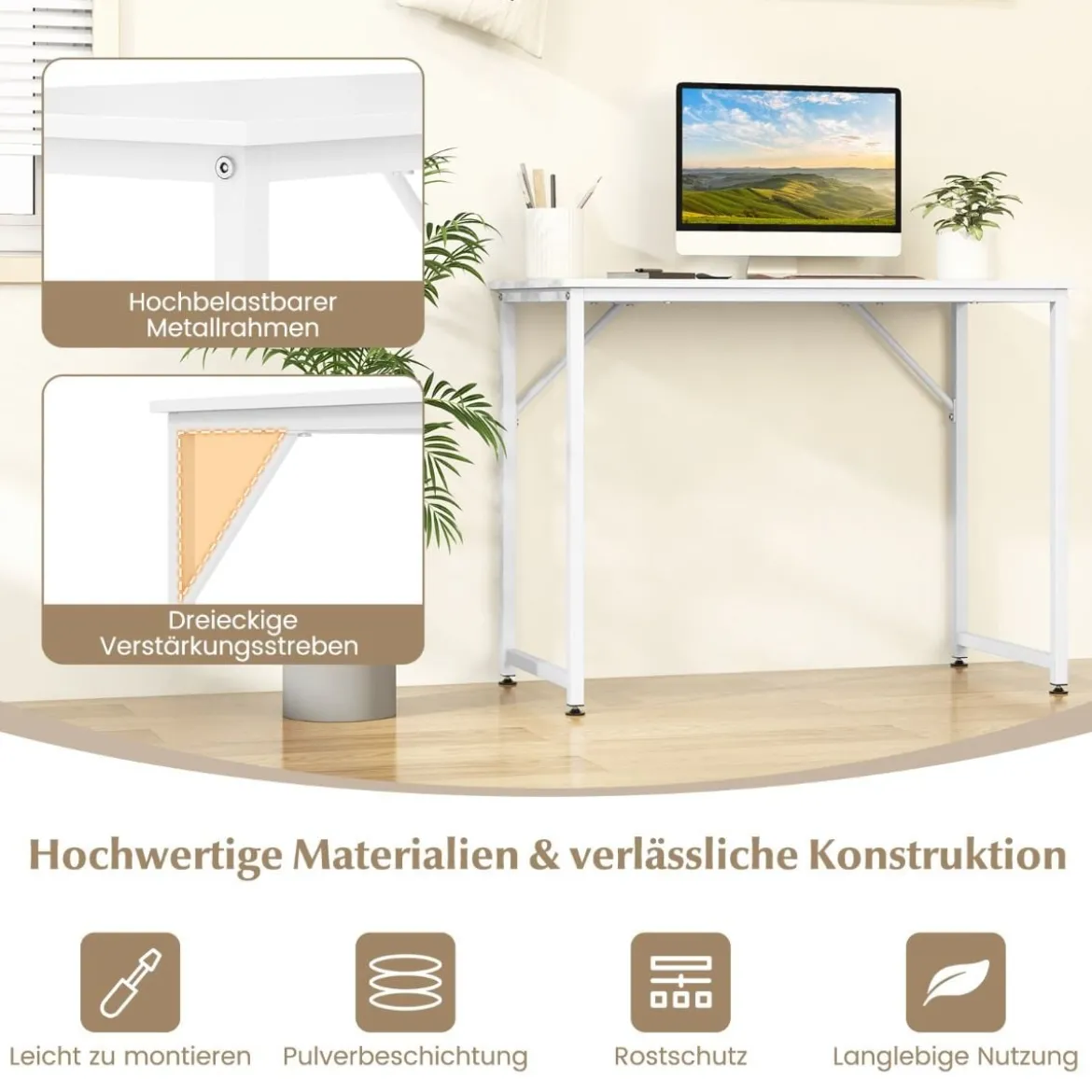 PC-Tisch mit Verstellbaren Fußpolstern Kompakter Computertisch Schreibtisch 100 x 50 x 77 cm Weiß