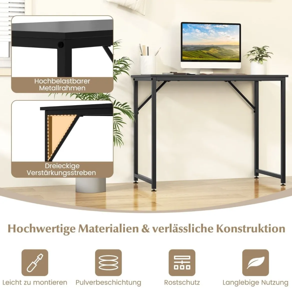 PC-Tisch mit Verstellbaren Fußpolstern Kompakter Computertisch Schreibtisch 100 x 50 x 77 cm Schwarz