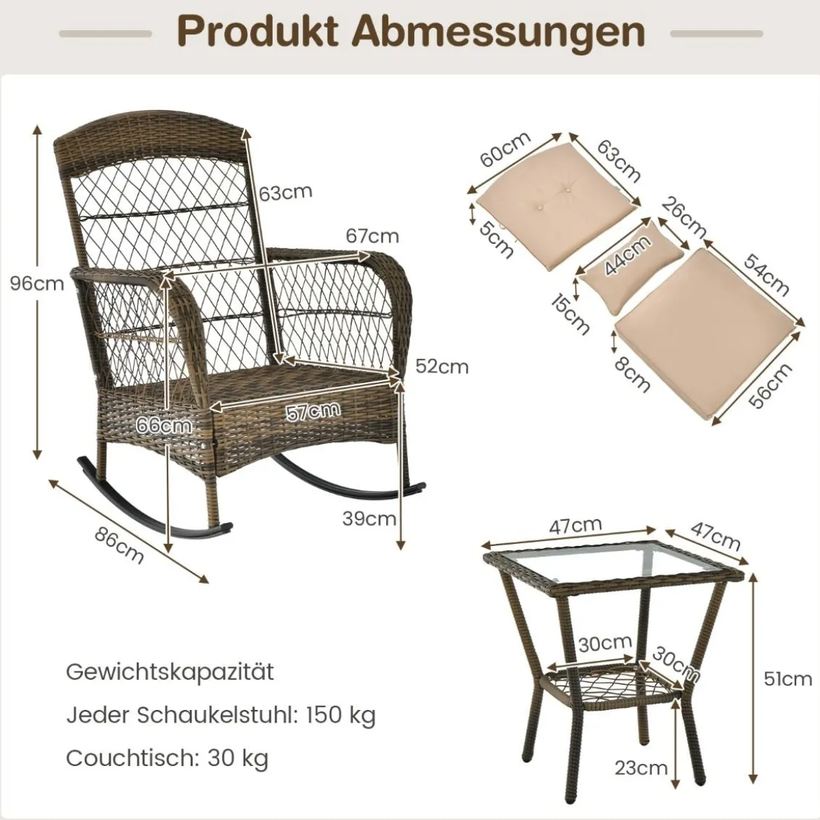 PE-Rattan-Stühle & Beistelltisch 3-Teiliges Schaukelstuhl-Set