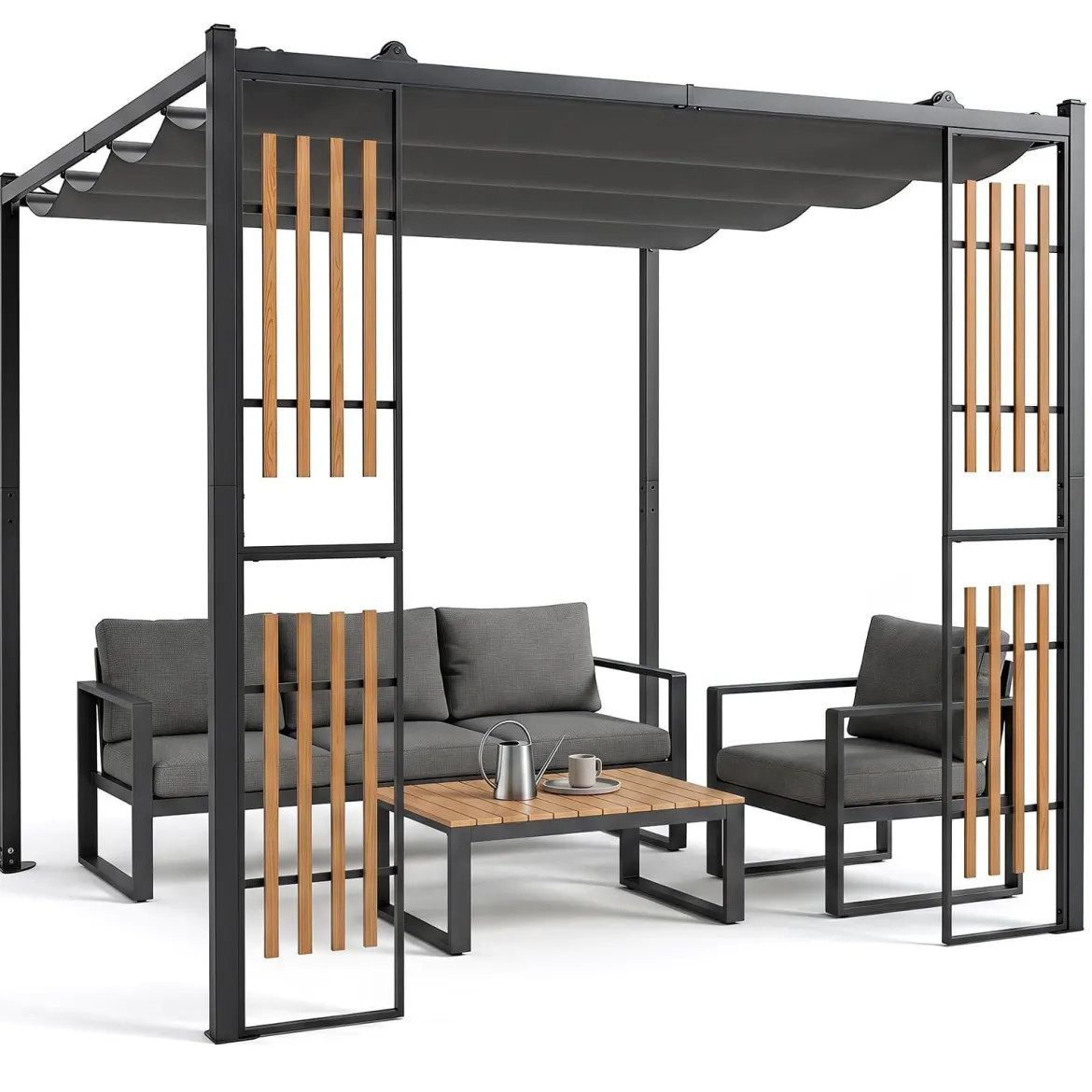 Pergola Outdoor Pavillon Gartenpavillon mit 2 Paravents Verstellbarem Dach Metallrahmen 8 Heringen