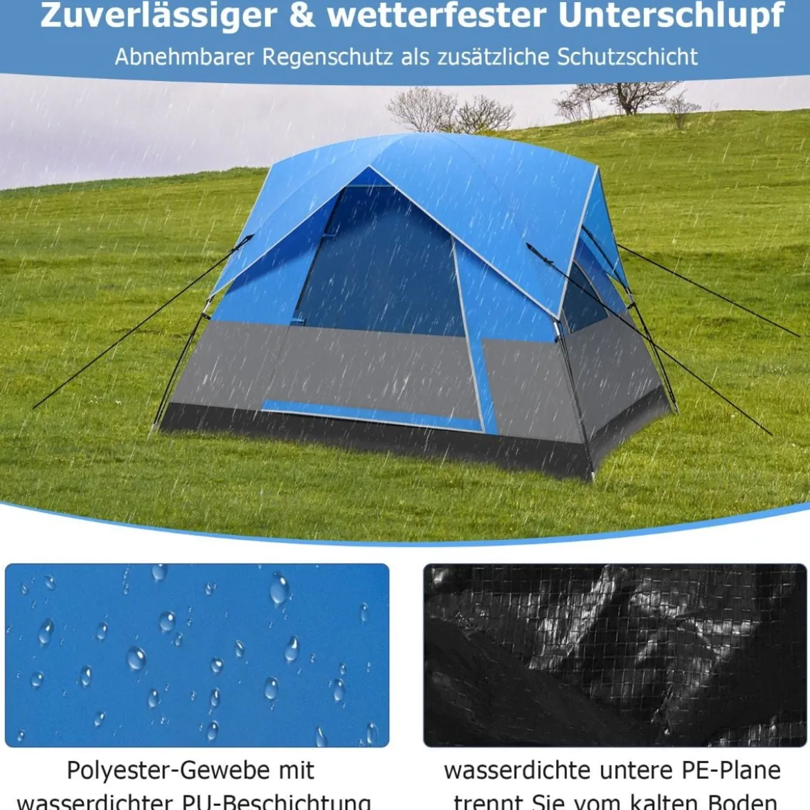 3 Personen Campingzelt mit Abnehmbarer Bodenmatte & Regenschutz & Tragetasche