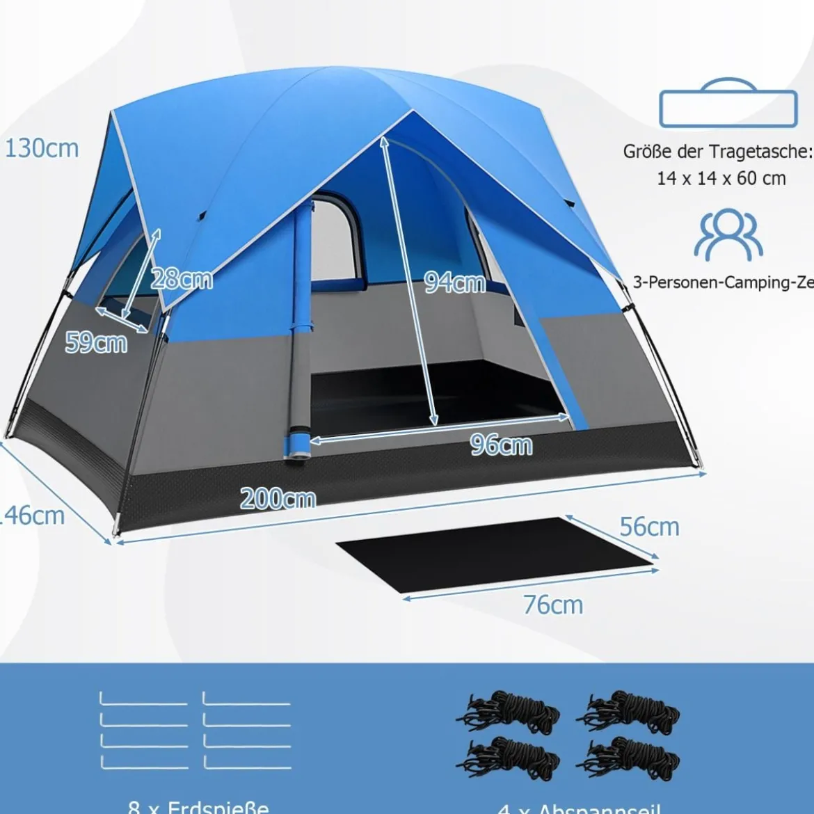 3 Personen Campingzelt mit Abnehmbarer Bodenmatte & Regenschutz & Tragetasche