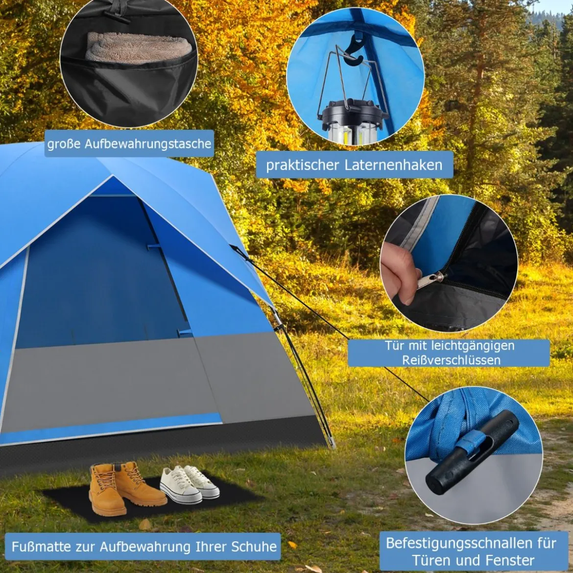 3 Personen Campingzelt mit Abnehmbarer Bodenmatte & Regenschutz & Tragetasche