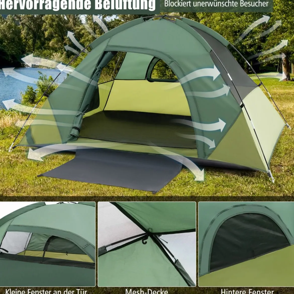 2 Personen Campingzelt mit Abnehmbarem Regenschutz & Doppellagiger Tür & 2 Netzfenstern & Tragetasche