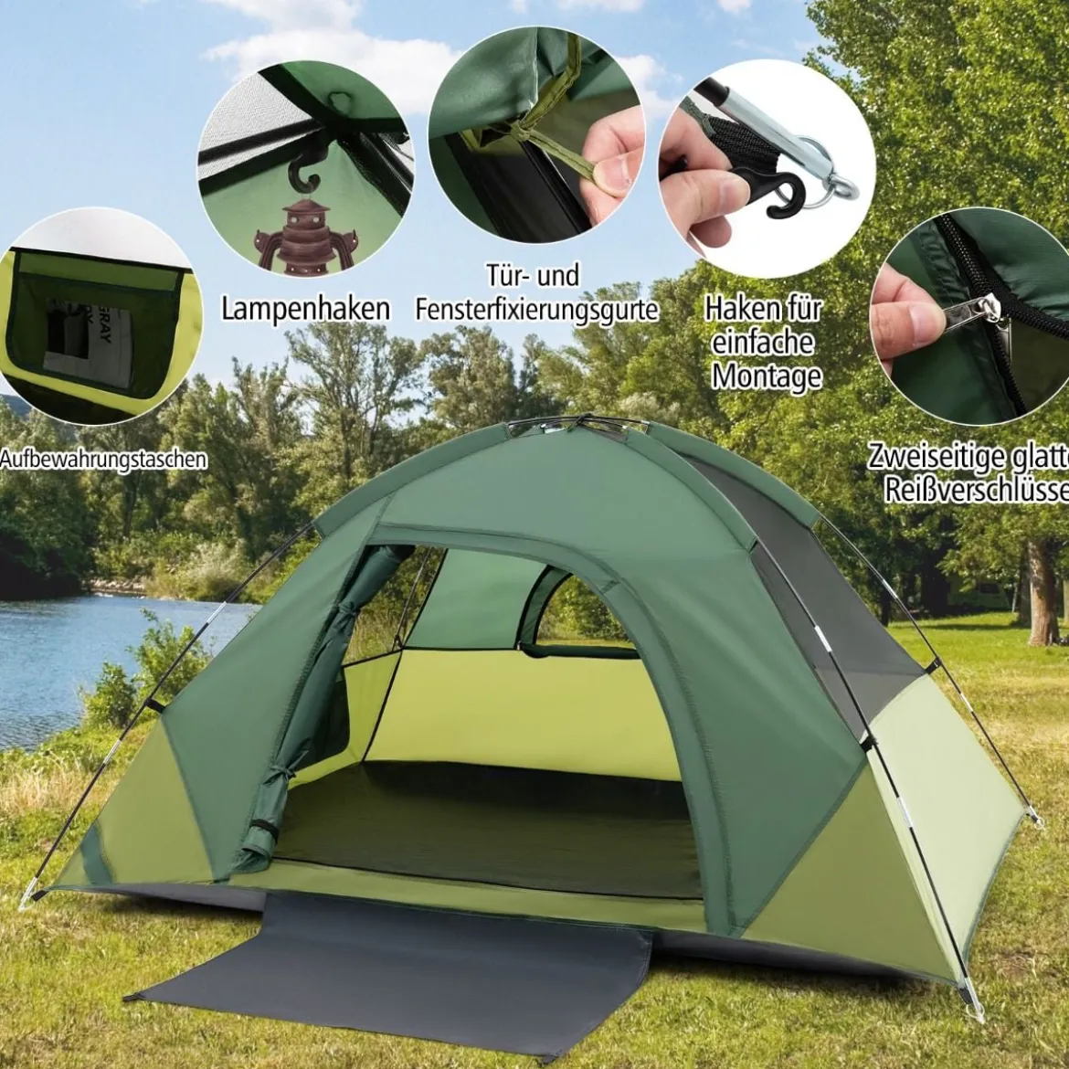 2 Personen Campingzelt mit Abnehmbarem Regenschutz & Doppellagiger Tür & 2 Netzfenstern & Tragetasche