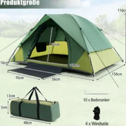 2 Personen Campingzelt mit Abnehmbarem Regenschutz & Doppellagiger Tür & 2 Netzfenstern & Tragetasche