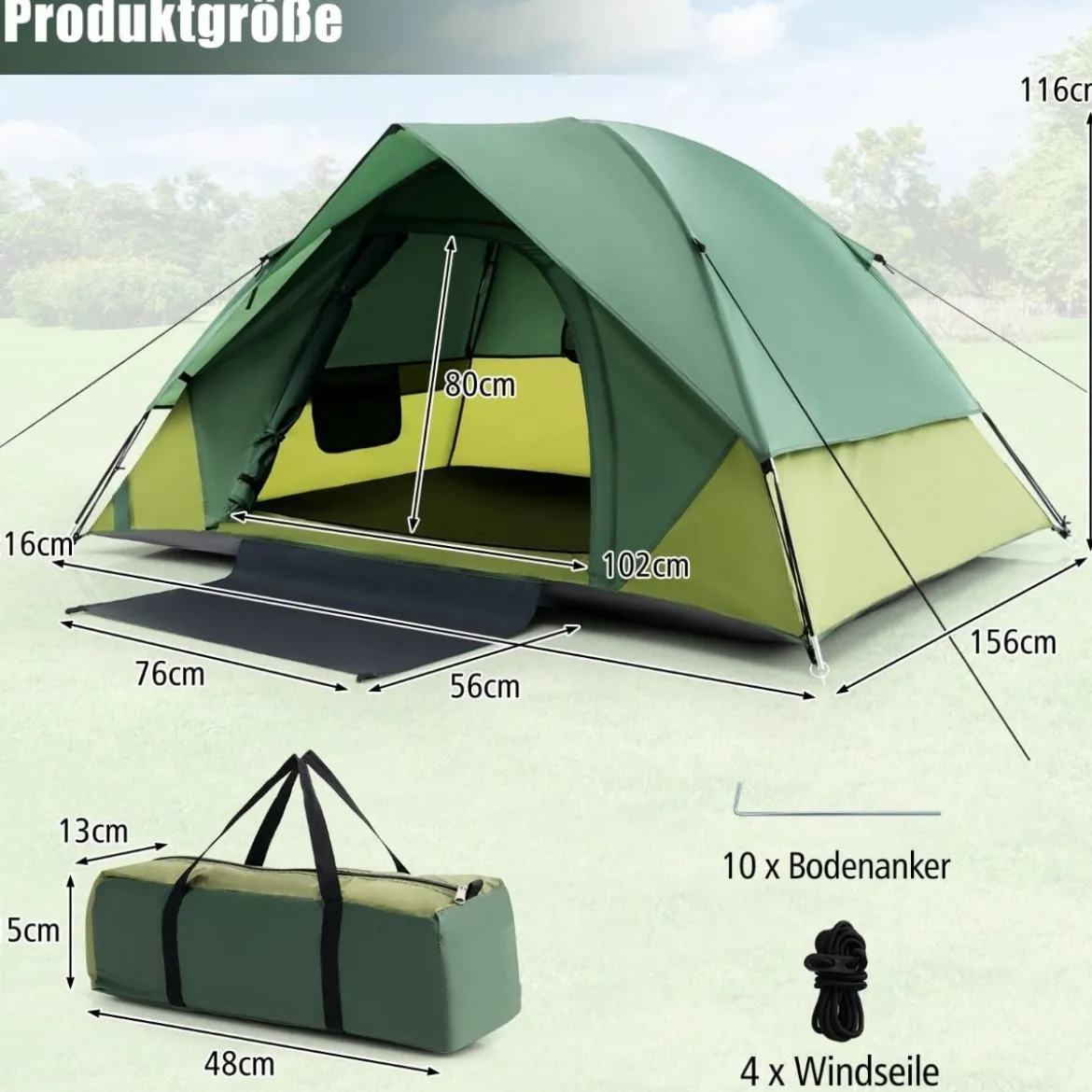 2 Personen Campingzelt mit Abnehmbarem Regenschutz & Doppellagiger Tür & 2 Netzfenstern & Tragetasche