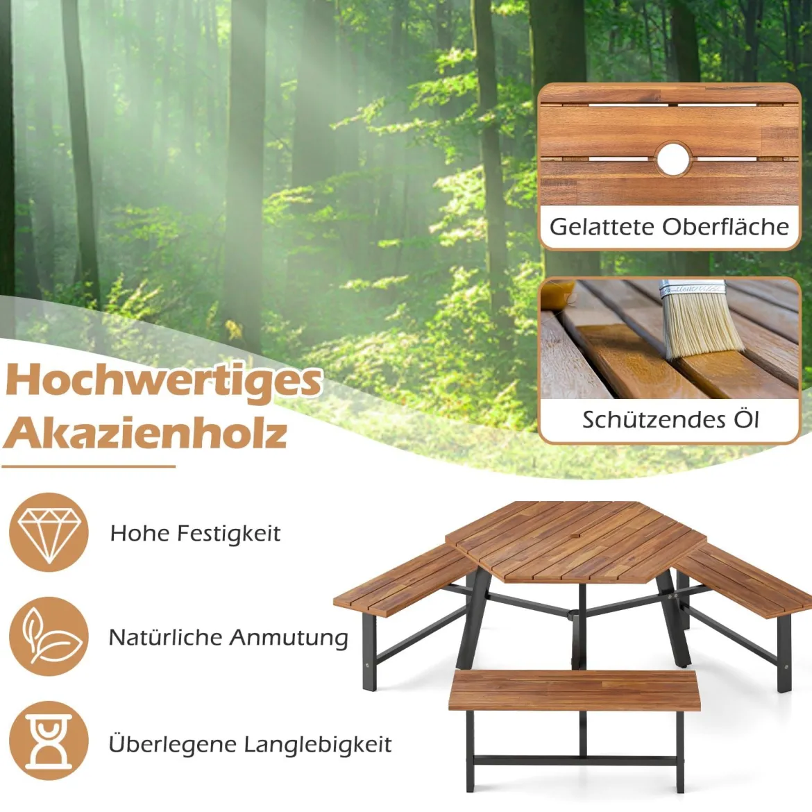 6-Personen Picknick-Tischset aus Akazienholz Gartentisch mit 3 Sitzplätzen Sonnenschirmloch