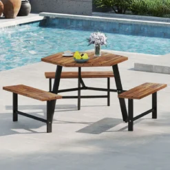 6-Personen Picknick-Tischset aus Akazienholz Gartentisch mit 3 Sitzplätzen Sonnenschirmloch