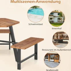 6-Personen Picknick-Tischset aus Akazienholz Gartentisch mit 3 Sitzplätzen Sonnenschirmloch