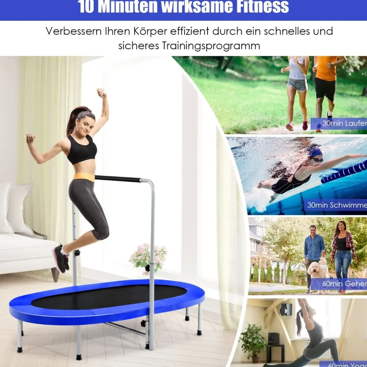 2 Personen Trampolin mit höhenverstellbarm Haltegriff Mini Trampolin 154 x 90 x 92 -132 cm Blau