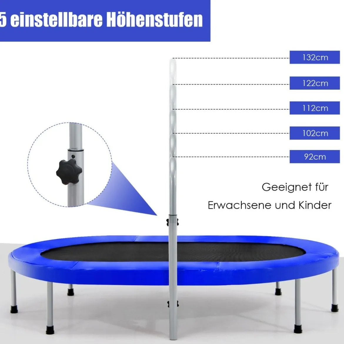 2 Personen Trampolin mit höhenverstellbarm Haltegriff Mini Trampolin 154 x 90 x 92 -132 cm Blau