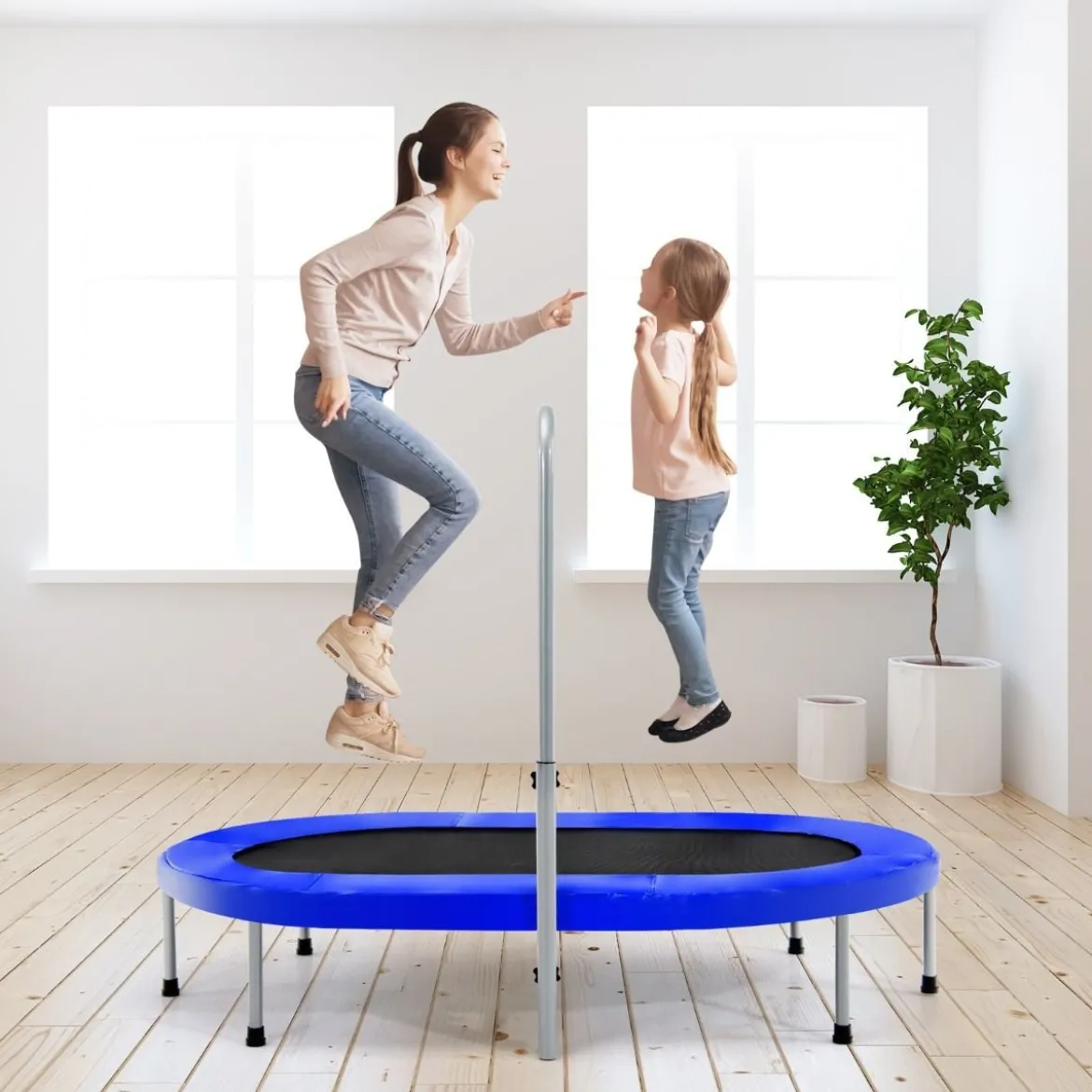2 Personen Trampolin mit höhenverstellbarm Haltegriff Mini Trampolin 154 x 90 x 92 -132 cm Blau